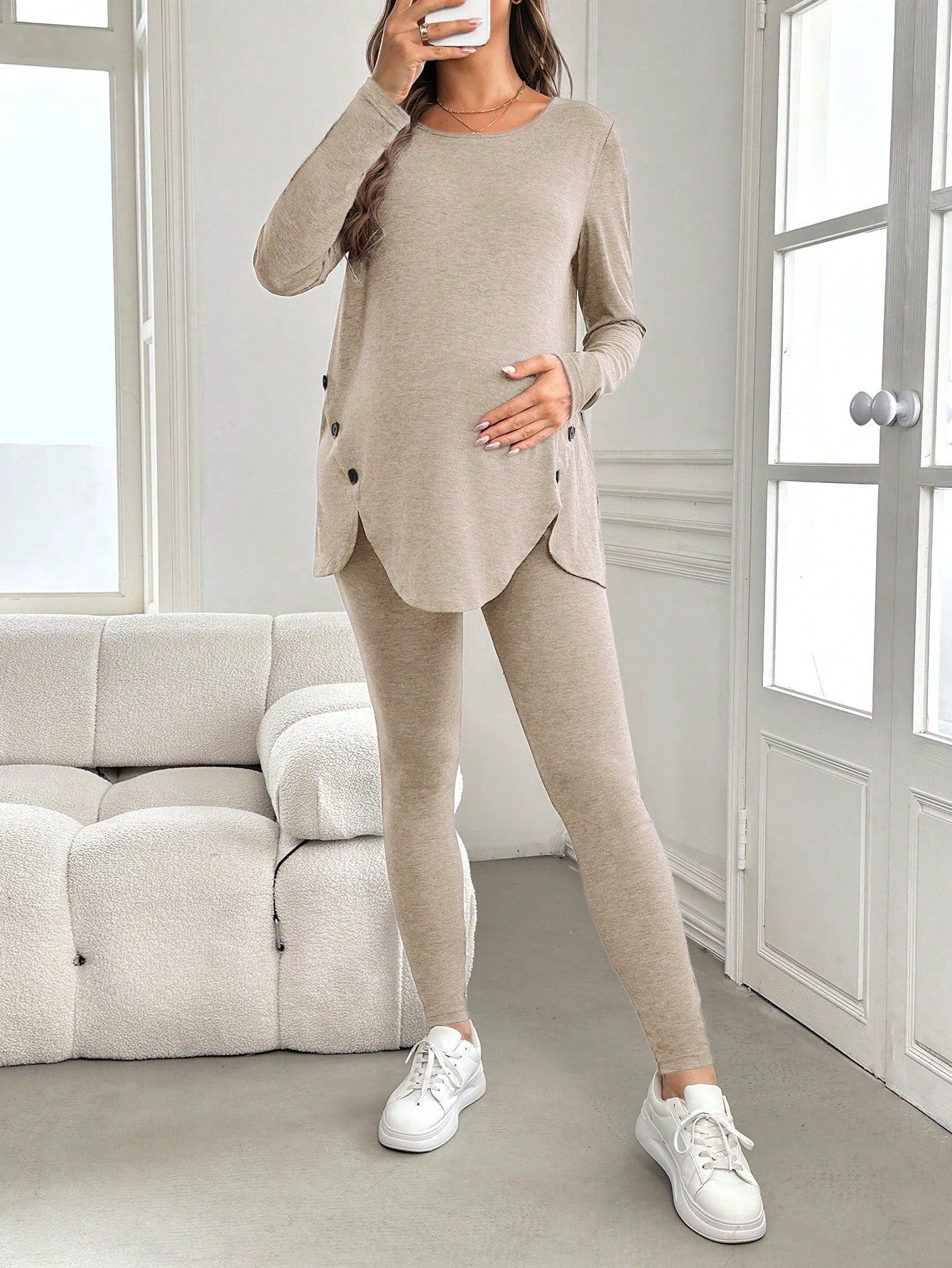 Maternity Button Decor Curved Hem Long Sleeve Top And Leggings 2Pcs Outfit Set, Outfit Set, Autumn