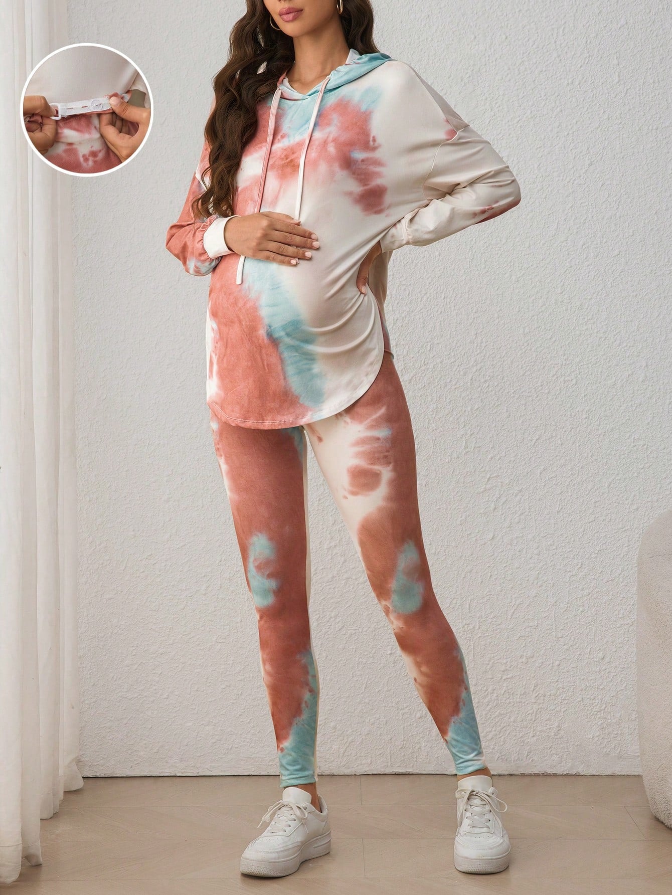 2pcs Maternity Tie Dye Drop Shoulder Drawstring Long Sleeve Hoodie & Leggings Set, Leggings Set, Autumn