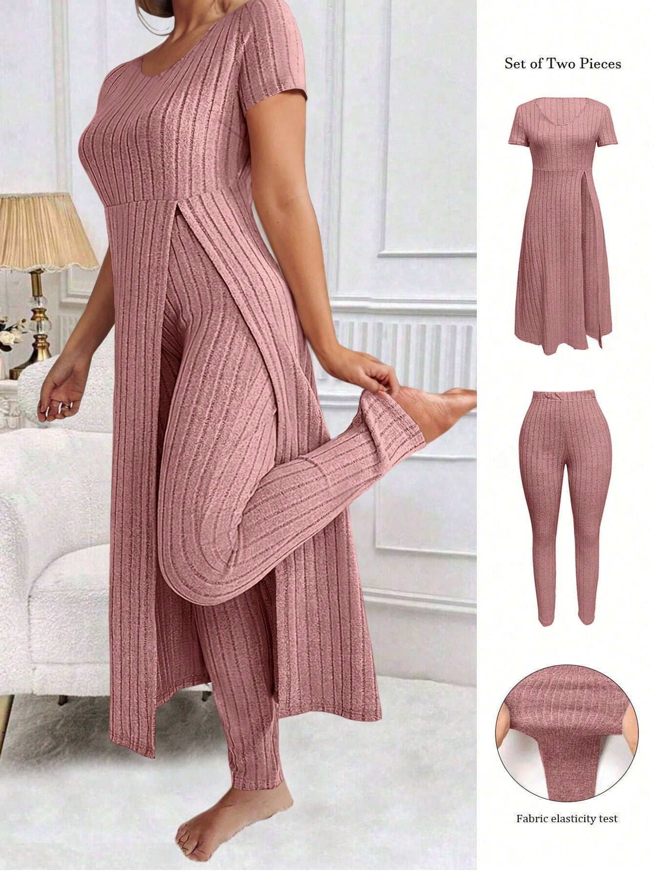 LUNE Plus Size Women Solid Color Simple Daily Short Sleeve Top & Long Pants Set