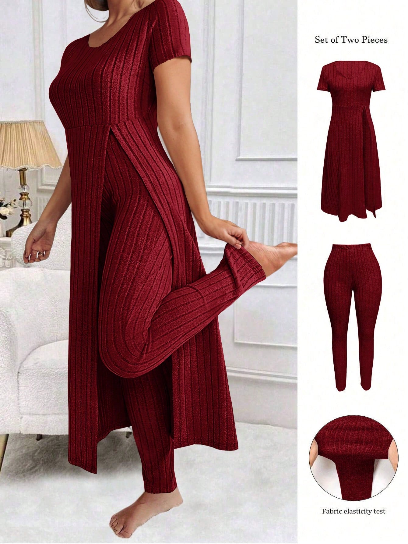 LUNE Plus Size Women Solid Color Simple Daily Short Sleeve Top & Long Pants Set