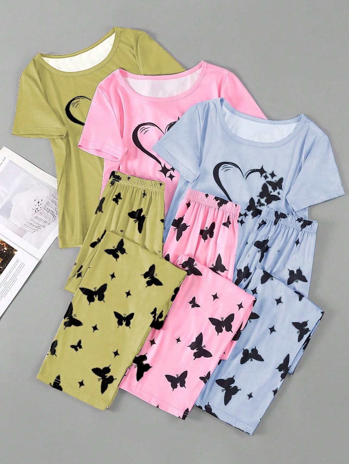 3pcs/set Women's Heart & Butterfly Print Short Sleeve Top And Long Pants Pajamas Set
