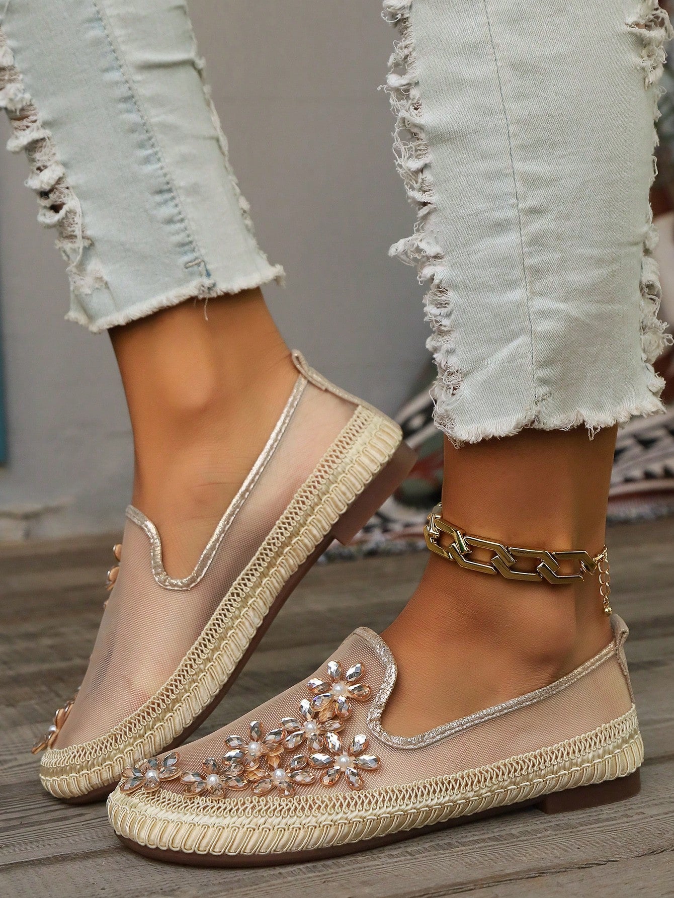 Breathable Mesh Slip-On Shoes For Women, Floral Decor, Lightweight Soft Sole Loafers, New 2024 Spring And Summer Collection