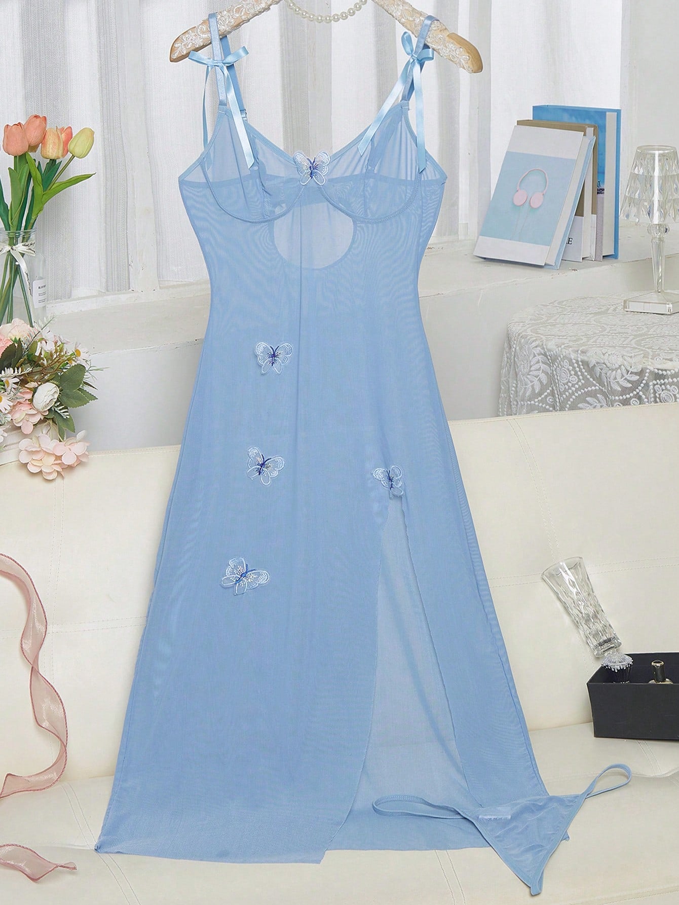 2pcs Sexy High Slit Lingerie Set: Fashionable Butterfly Embroidered Slip Dress & Panties