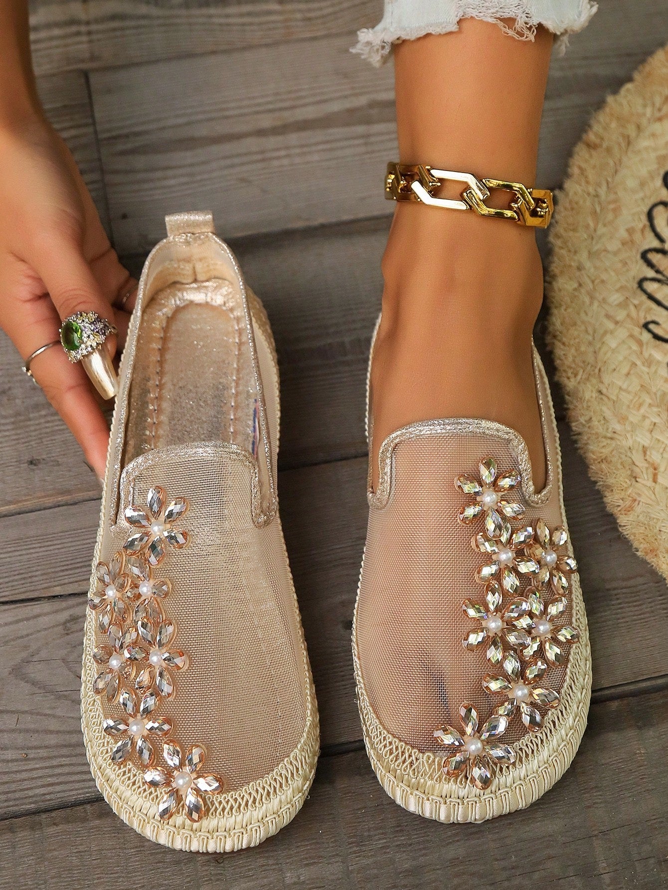 Breathable Mesh Slip-On Shoes For Women, Floral Decor, Lightweight Soft Sole Loafers, New 2024 Spring And Summer Collection