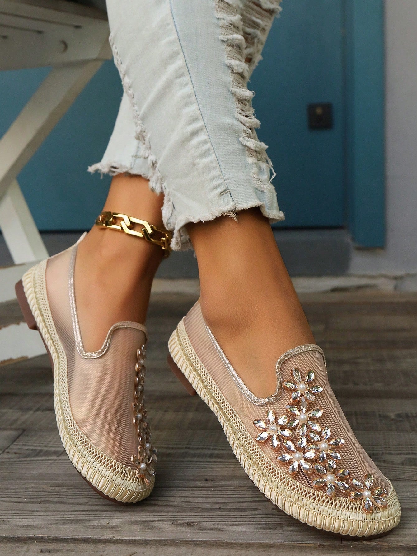 Breathable Mesh Slip-On Shoes For Women, Floral Decor, Lightweight Soft Sole Loafers, New 2024 Spring And Summer Collection