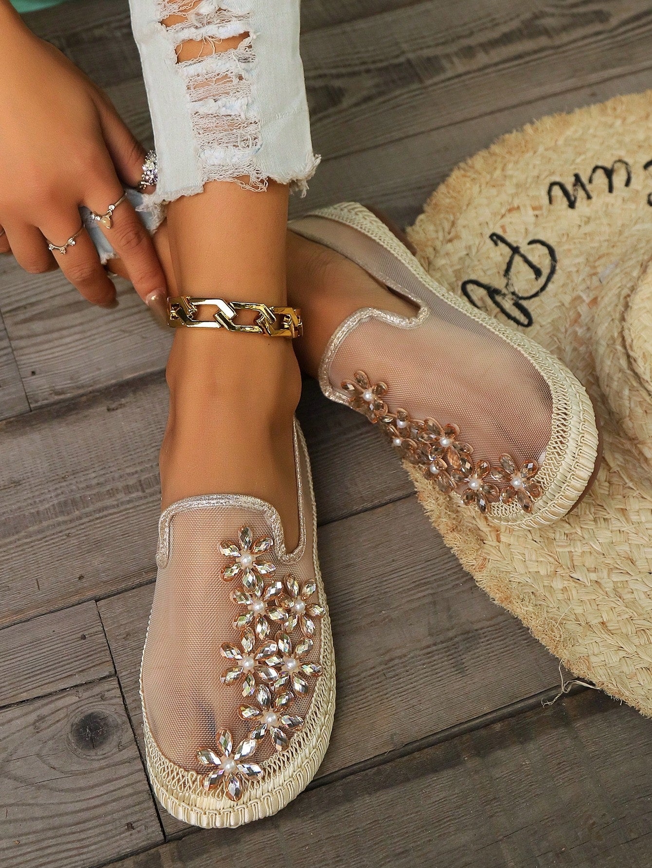 Breathable Mesh Slip-On Shoes For Women, Floral Decor, Lightweight Soft Sole Loafers, New 2024 Spring And Summer Collection