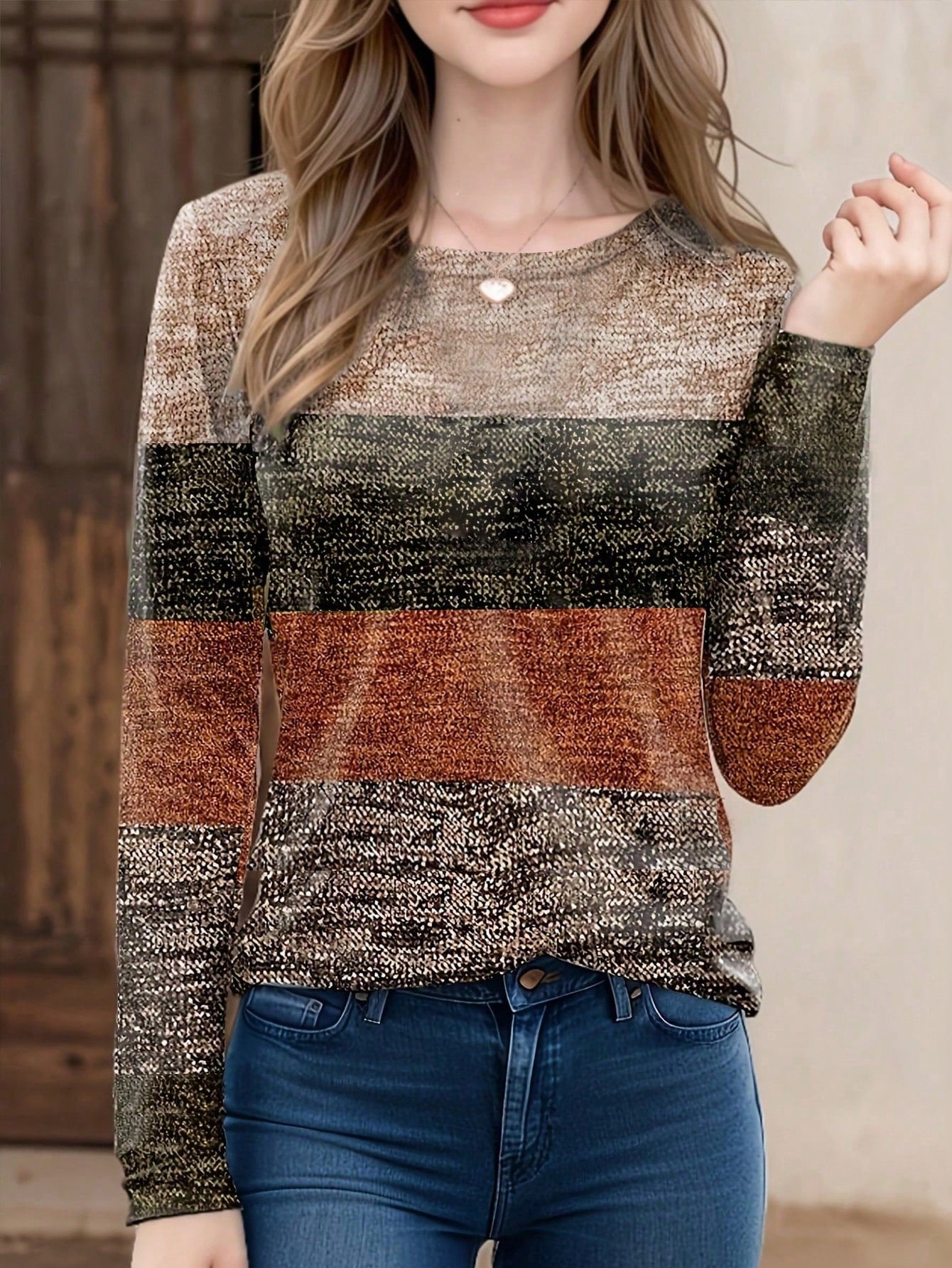 Casual Fashion Round Neck Contrast Striped Print T-Shirt Graphic Tees Women Tops