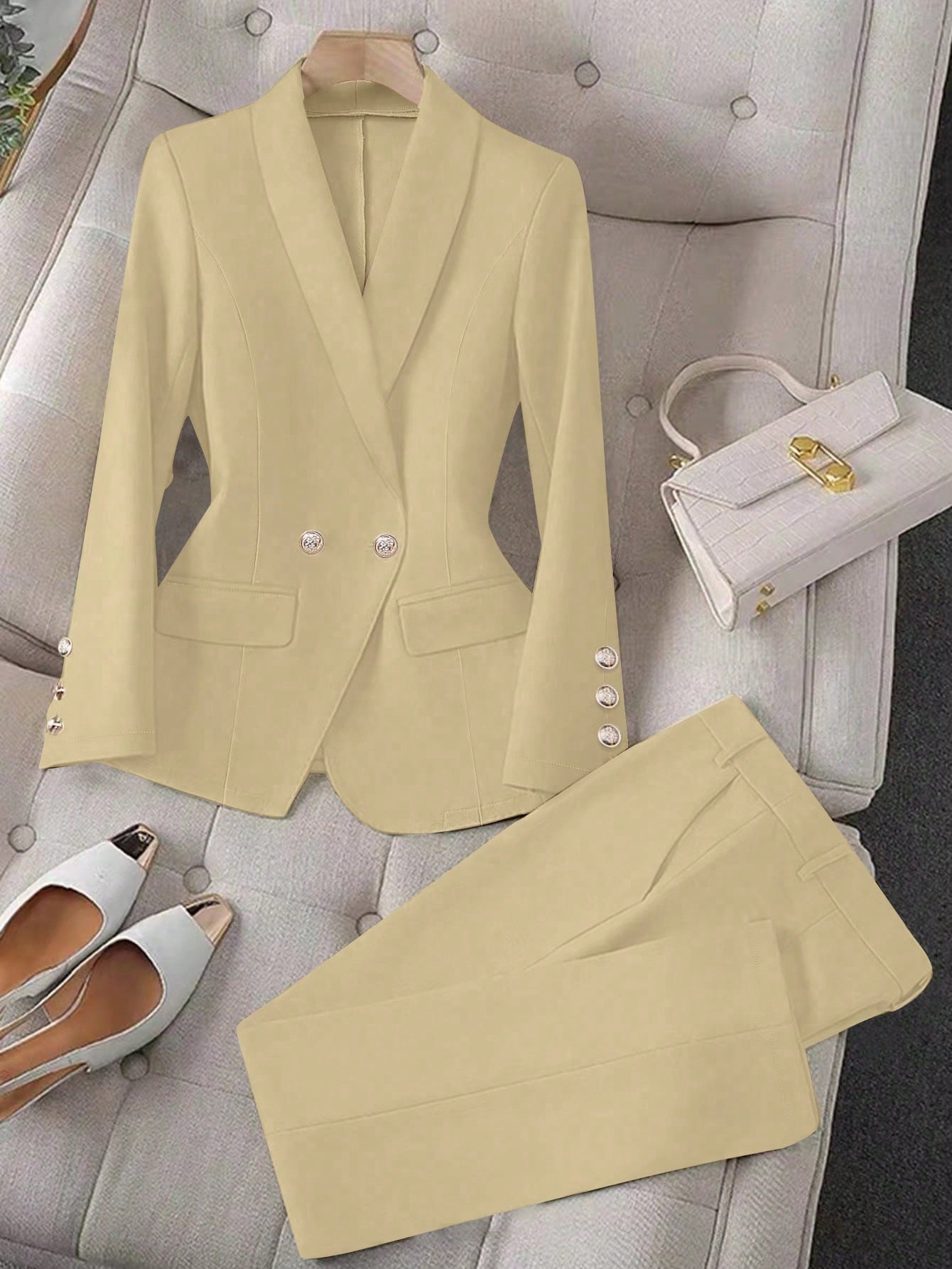 Raffinéa Apricot Color Long Sleeve Lapel Women's Suit Jacket And Pants Set