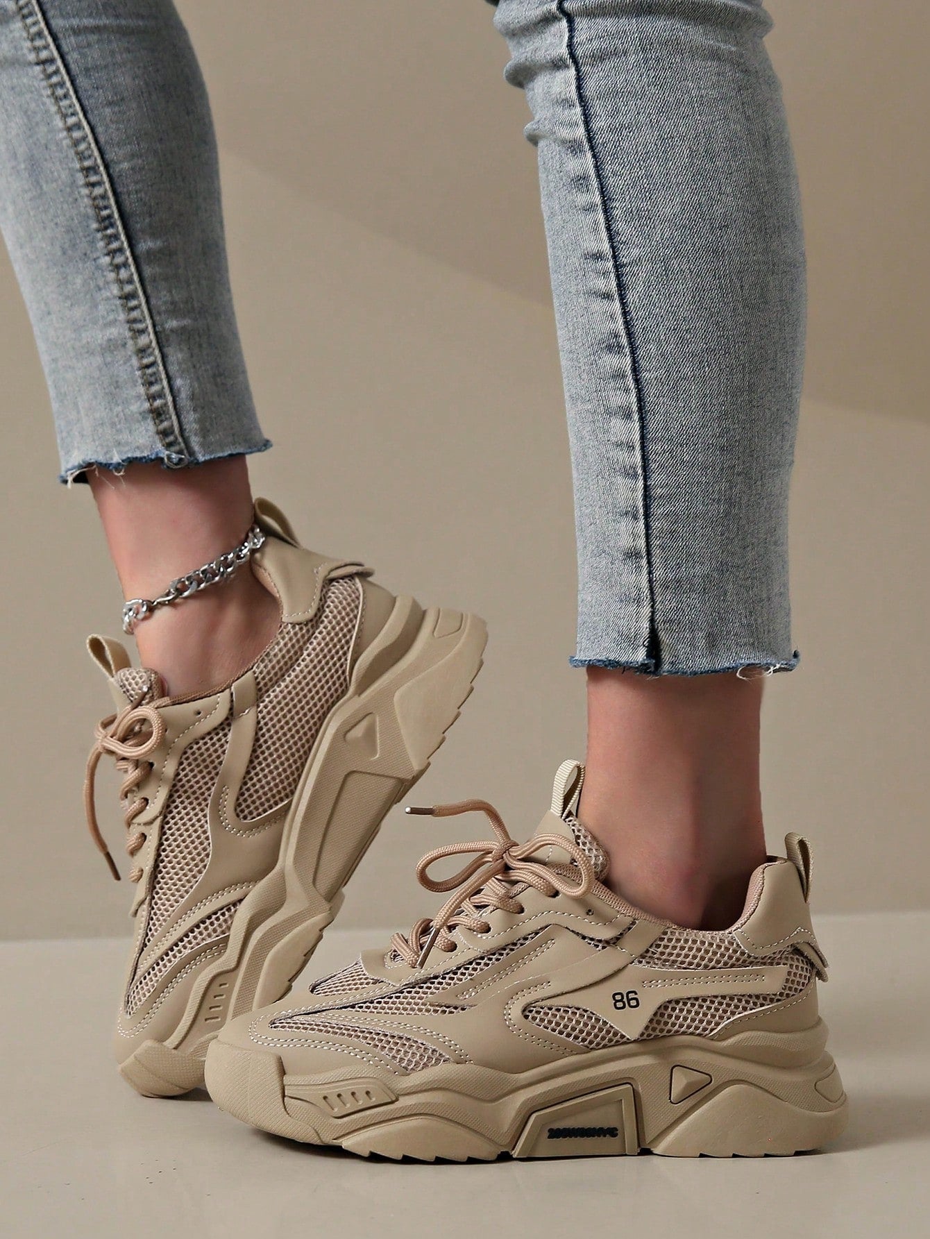 2024 New Women's Thick Sole Casual Shoes Mesh Khaki Color All-Season Sport Shoes Flat Splicing Breathable Outdoor Chunky Sneakers