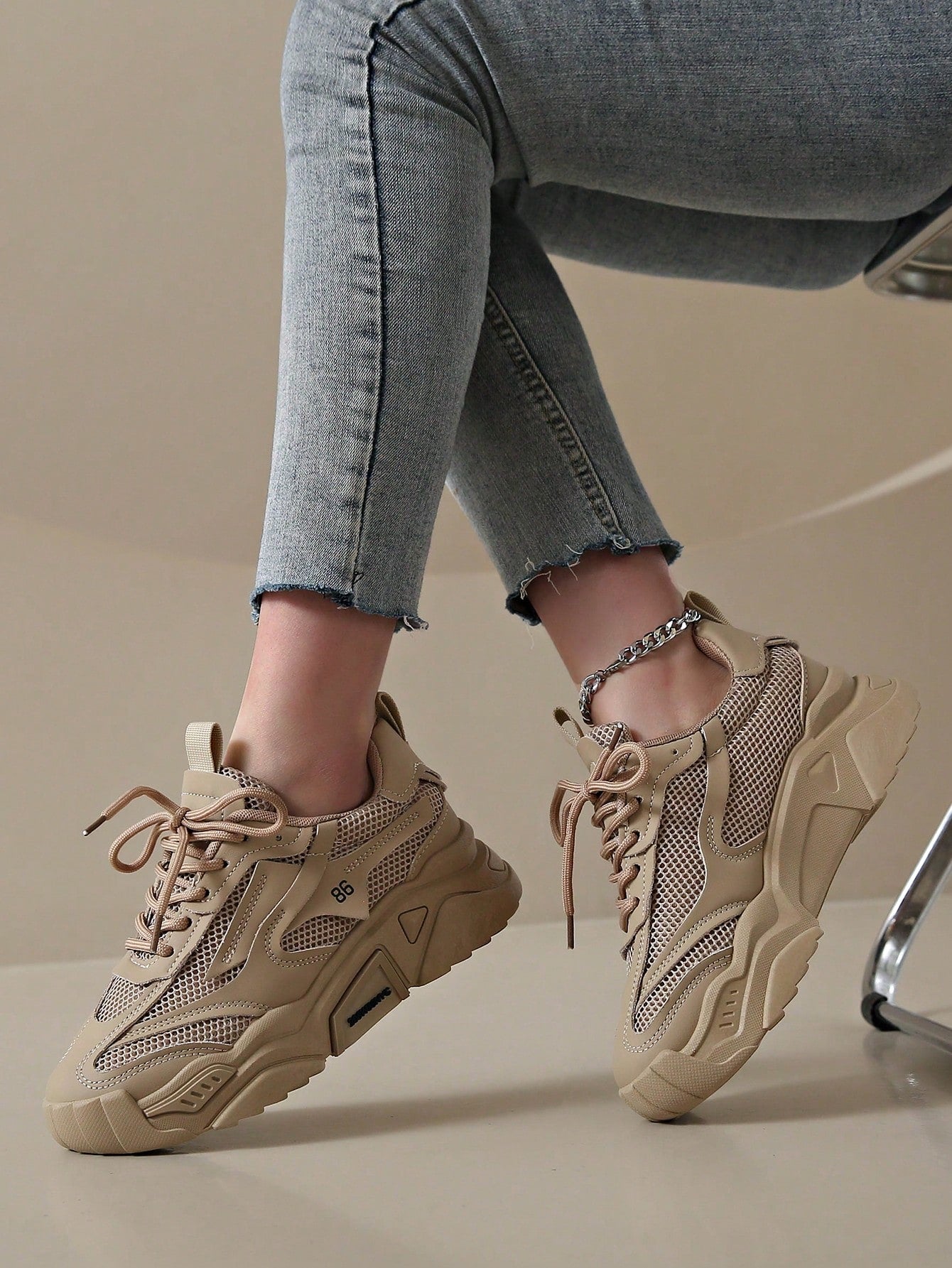 2024 New Women's Thick Sole Casual Shoes Mesh Khaki Color All-Season Sport Shoes Flat Splicing Breathable Outdoor Chunky Sneakers