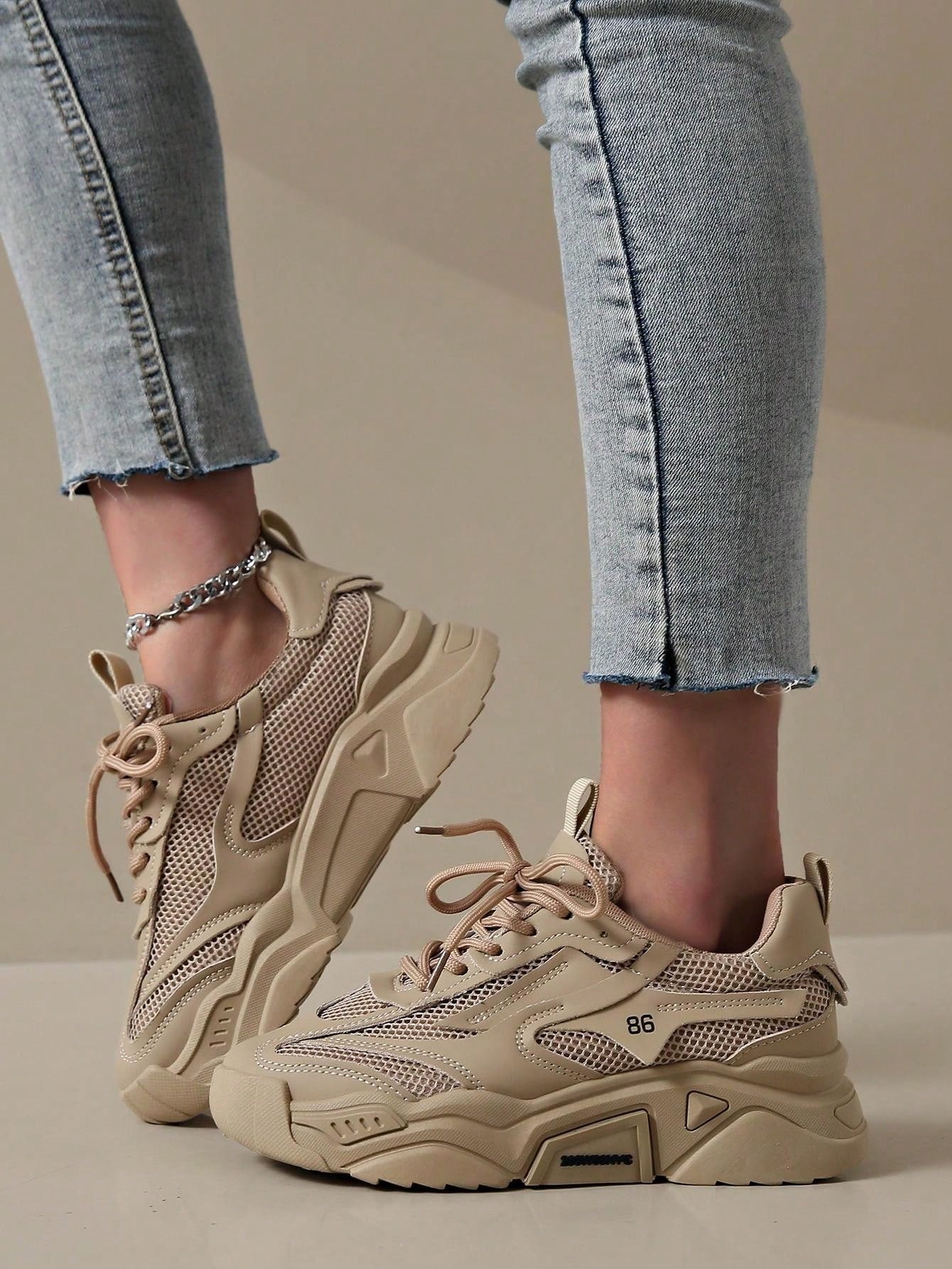 2024 New Women's Thick Sole Casual Shoes Mesh Khaki Color All-Season Sport Shoes Flat Splicing Breathable Outdoor Chunky Sneakers