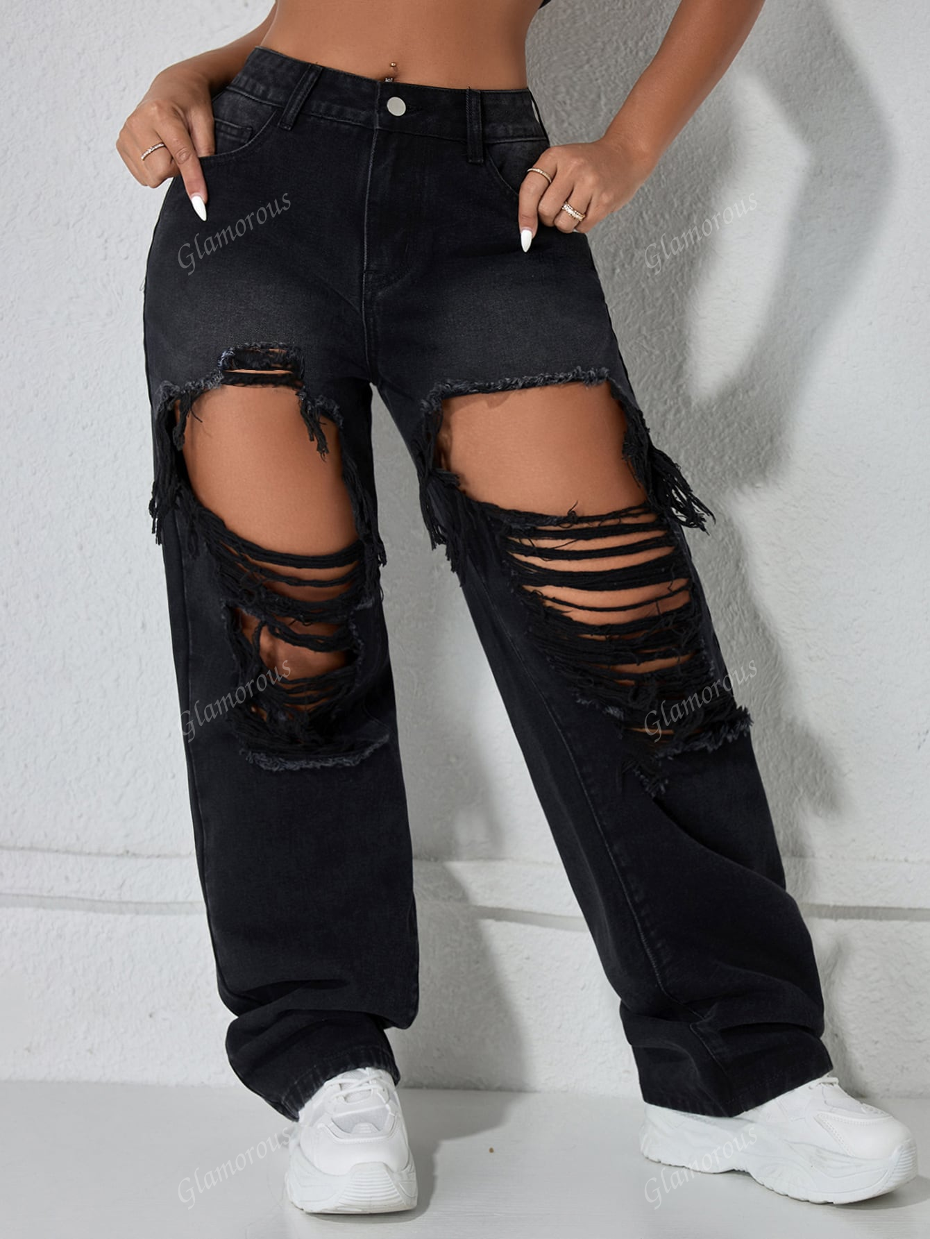 Street High Waist Slant Pocket Ripped Straight Leg Jeans