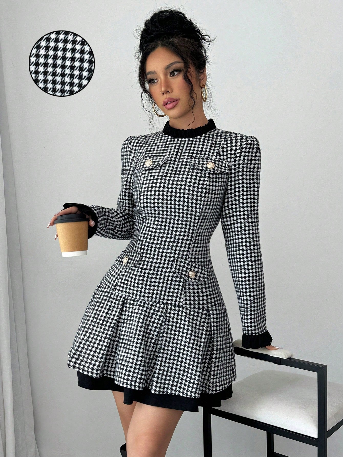 Raffinéa Women's Ruffle Collar Long Sleeve Houndstooth Patchwork Elegant Dress