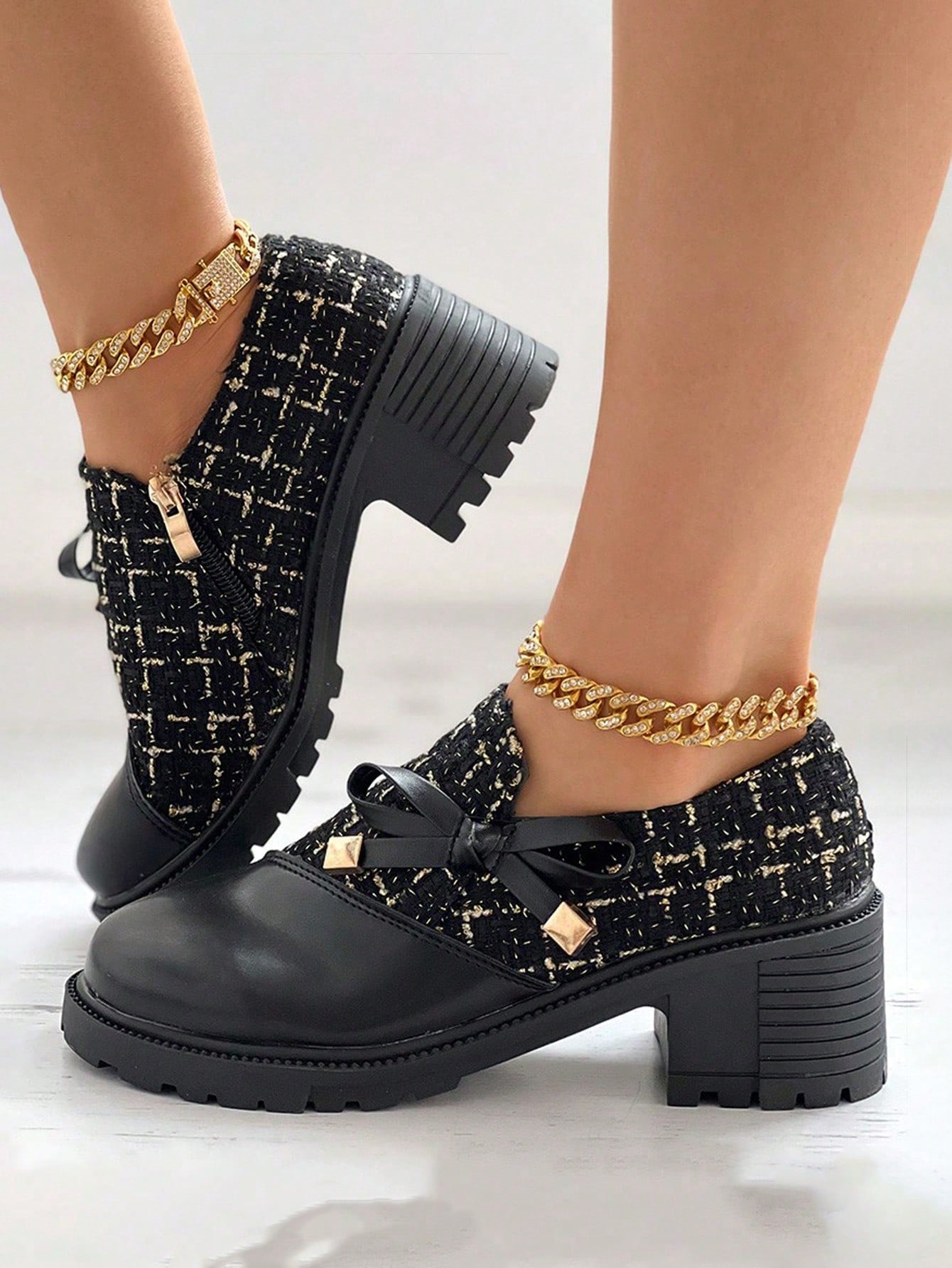 New Arrival Women's High Heel Formal Shoes, Thick Plaid And Patchwork Detailing, With Bowknot And Thick Sole For Retro Look