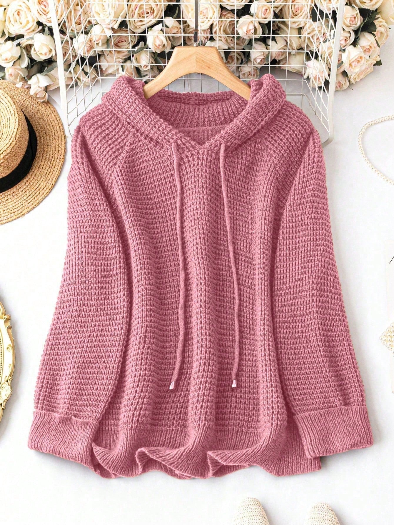 Plus Raglan Sleeve Drawstring Hooded Sweater, Winter