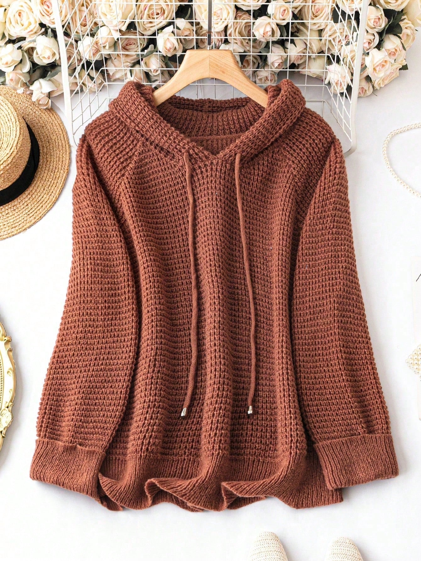 Plus Raglan Sleeve Drawstring Hooded Sweater, Winter