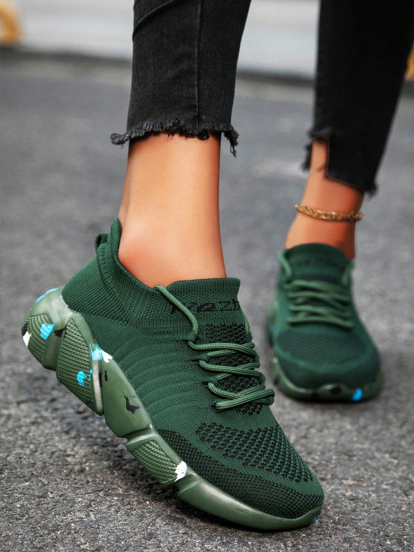 Women's Breathable Lightweight Shock Absorbing Athletic Shoes - Comfortable All-Season Lace-Up Casual Sneakers, With Braided Texture Elastic Fabric And Low-Top Style