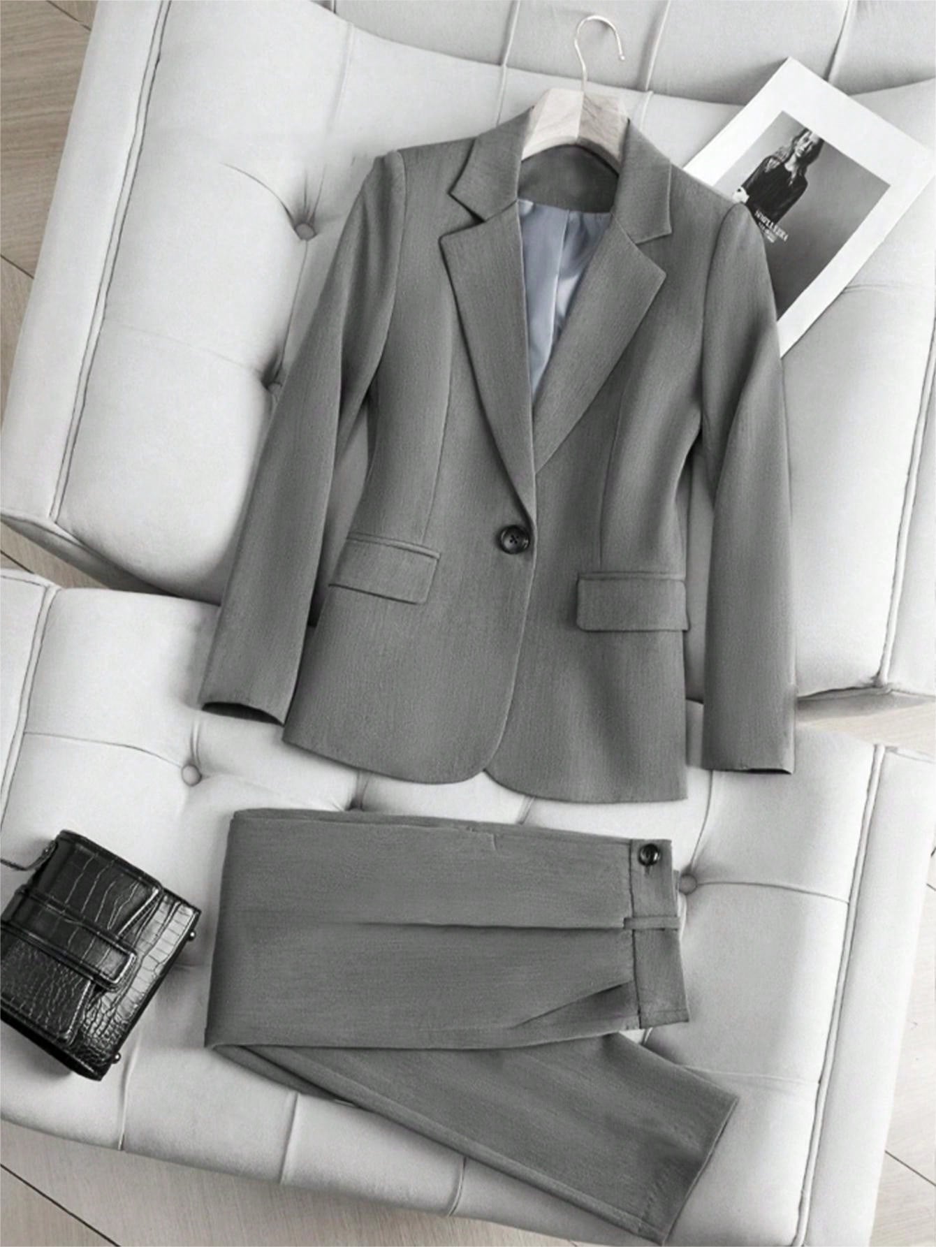 Raffinéa 2pcs Women Spring Autumn Solid Color Lapel Collar Long Sleeve Blazer And Trouser Suit For Daily Commute , Bussines Casual Women