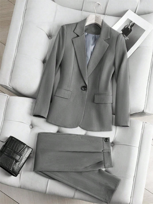 Raffinéa 2pcs Women Spring Autumn Solid Color Lapel Collar Long Sleeve Blazer And Trouser Suit For Daily Commute , Bussines Casual Women