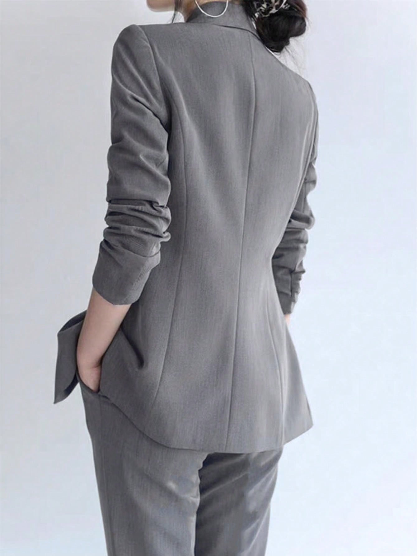 Raffinéa 2pcs Women Spring Autumn Solid Color Lapel Collar Long Sleeve Blazer And Trouser Suit For Daily Commute , Bussines Casual Women