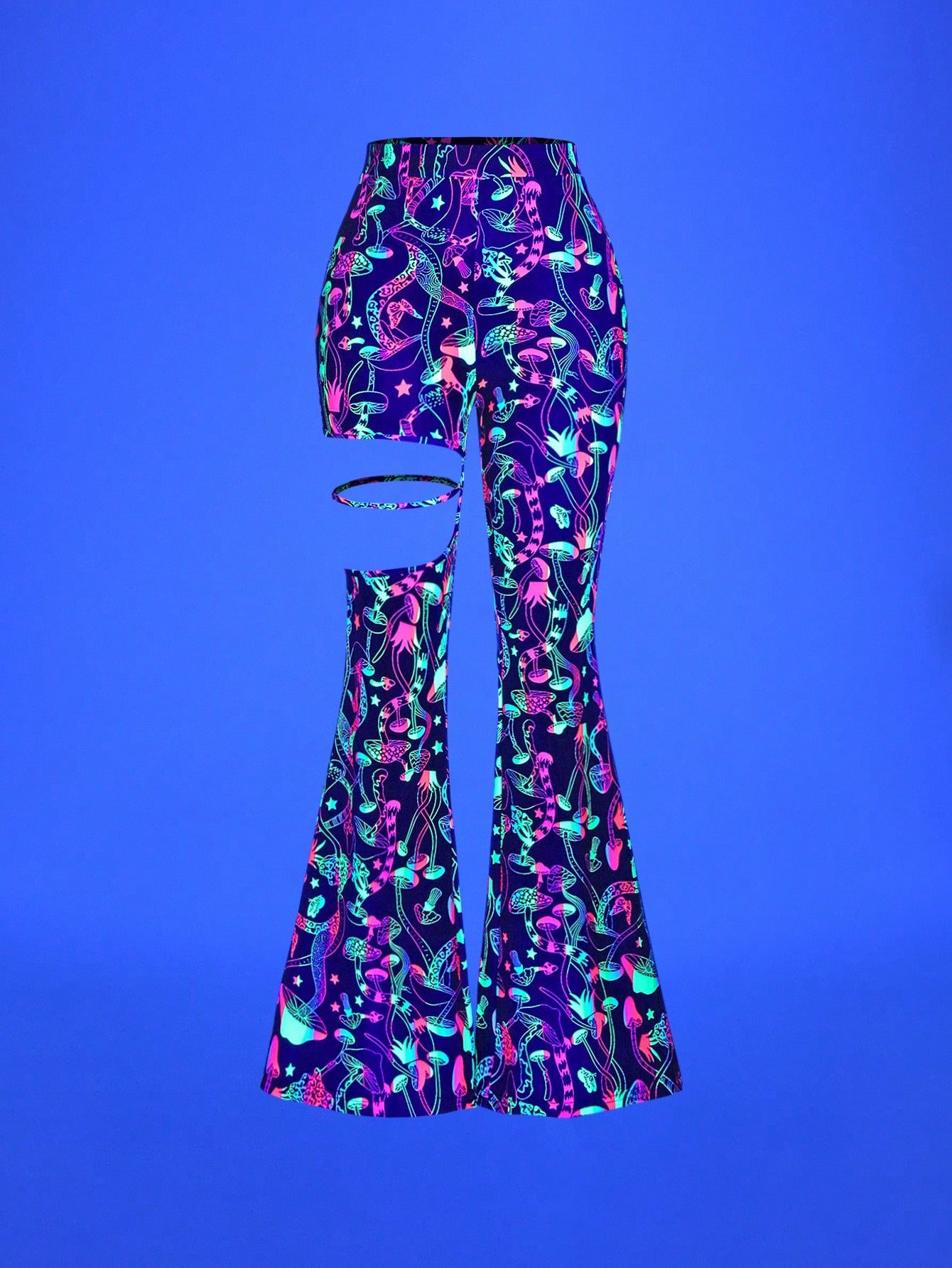 EgrlEra Reflective Colorful Mushroom Cutout Belt High Waist Women's Flared Pants, Sexy Y2K Outfit 