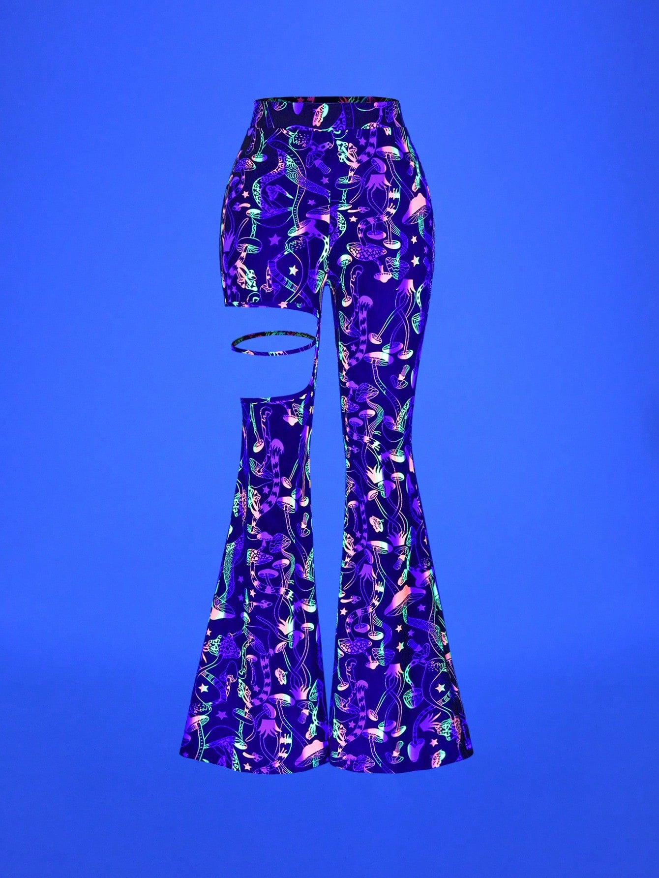EgrlEra Reflective Colorful Mushroom Cutout Belt High Waist Women's Flared Pants, Sexy Y2K Outfit 