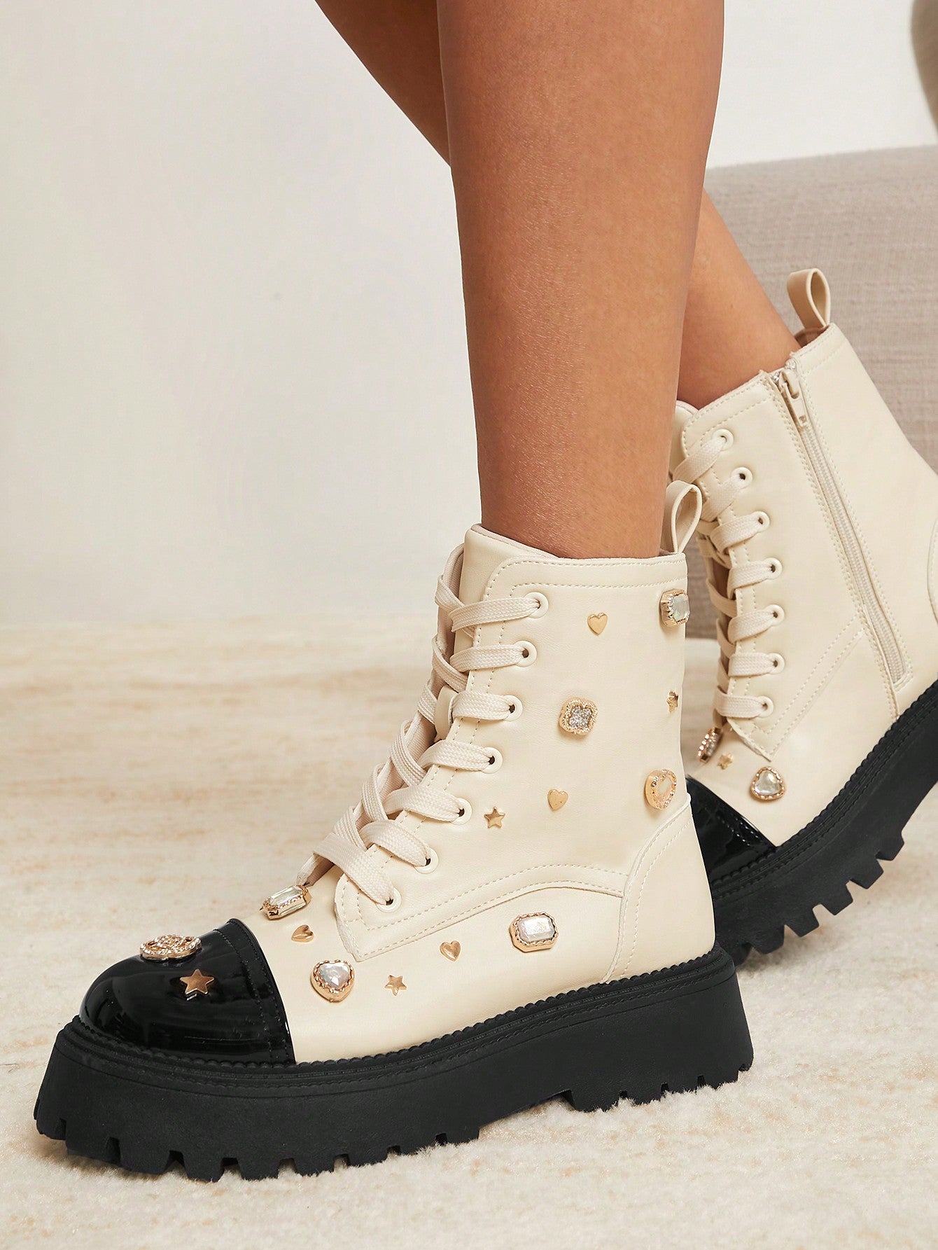 SHUZIA Charm Detail Lace Up Closed Toe Combat Boot Christmas Holiday Vacay Vibe For Fall And Winter New Year Holiday Valentine Gifts Summer Shoes