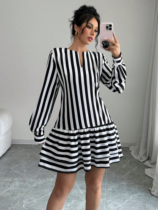 Raffinéa Women Casual Striped Print Cutout Neckline Lantern Sleeve Ruffle Hem Mini Dress