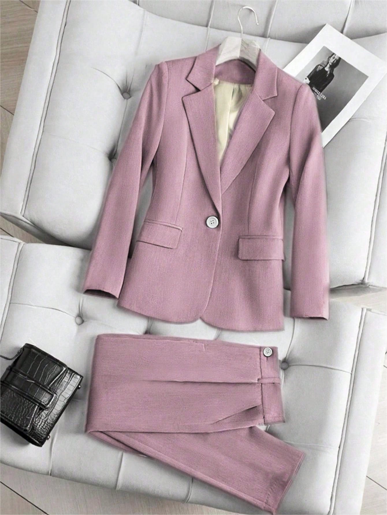Raffinéa 2pcs Women Spring Autumn Solid Color Lapel Collar Long Sleeve Blazer And Trouser Suit For Daily Commute , Bussines Casual Women
