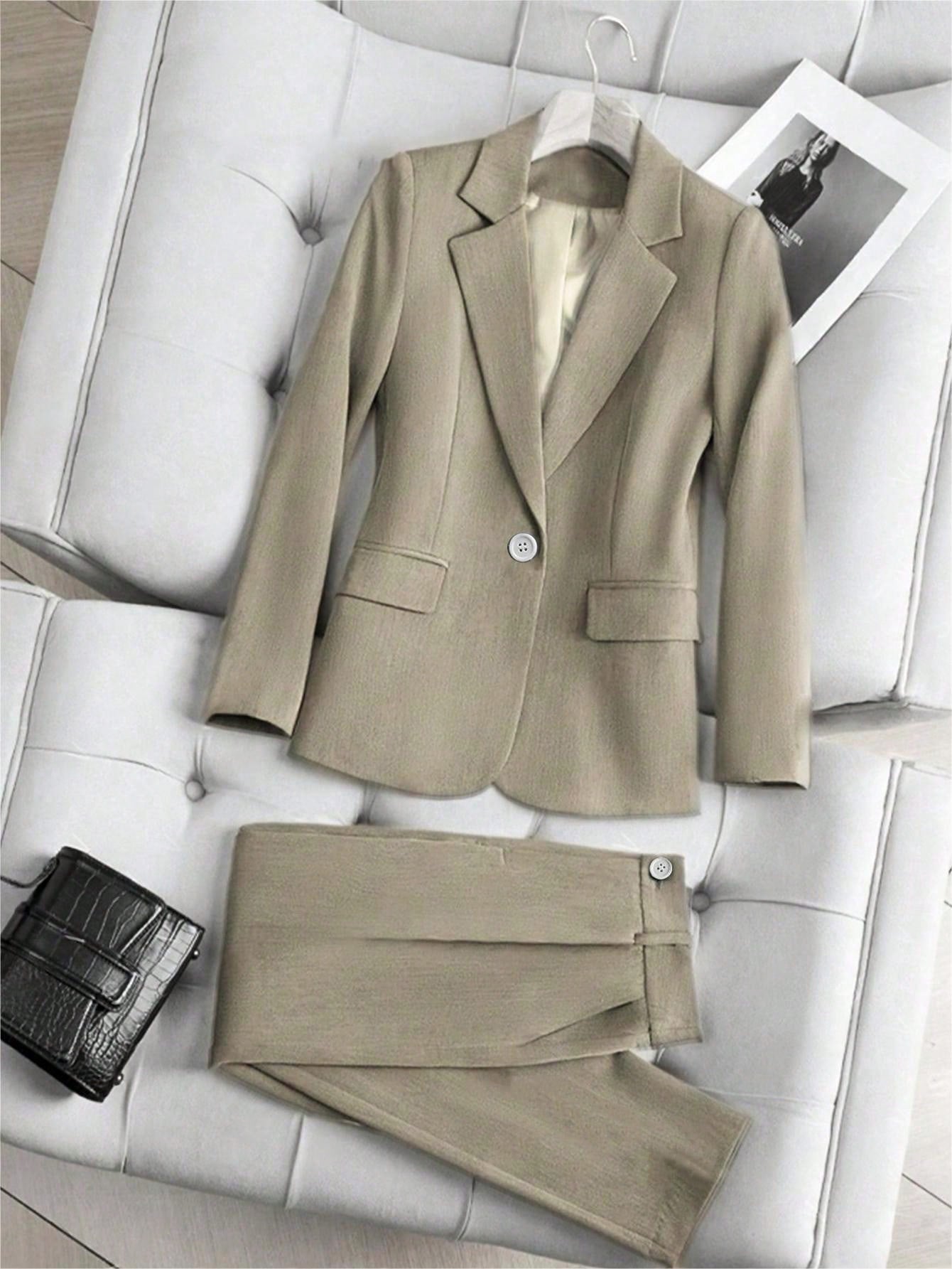 Raffinéa 2pcs Women Spring Autumn Solid Color Lapel Collar Long Sleeve Blazer And Trouser Suit For Daily Commute , Bussines Casual Women