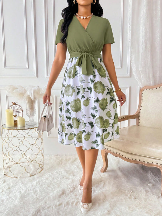 Lyxana Women's Floral Print Overlap V-Neck Short Sleeve Elegant Dress Maxi Women Outfit