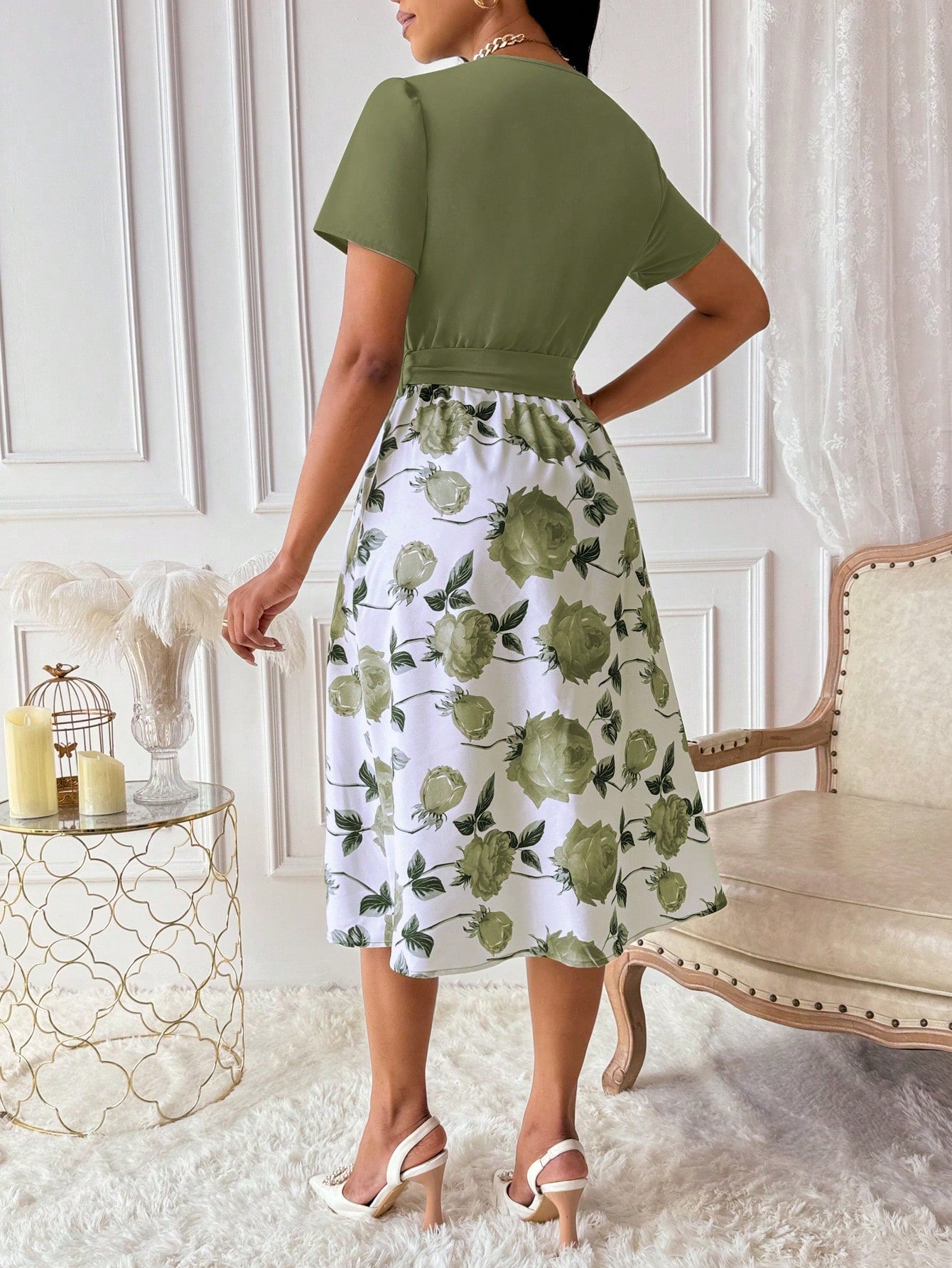 Lyxana Women's Floral Print Overlap V-Neck Short Sleeve Elegant Dress Maxi Women Outfit