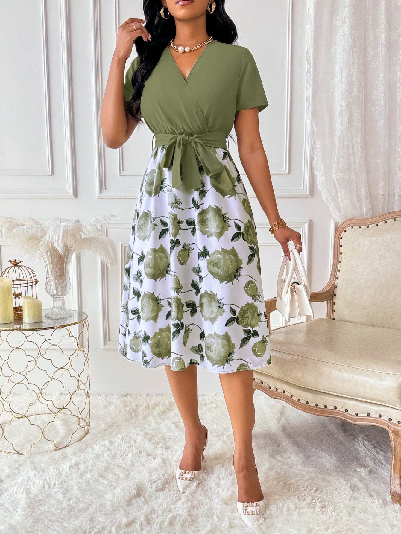 Lyxana Women's Floral Print Overlap V-Neck Short Sleeve Elegant Dress Maxi Women Outfit