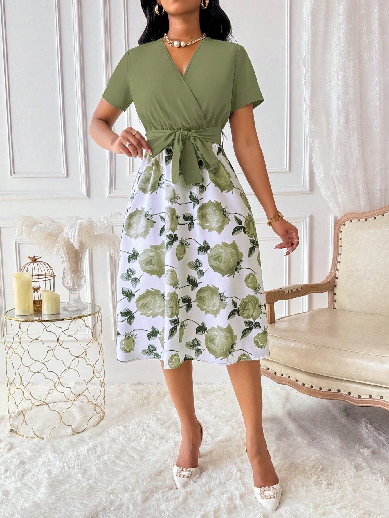 Lyxana Women's Floral Print Overlap V-Neck Short Sleeve Elegant Dress Maxi Women Outfit