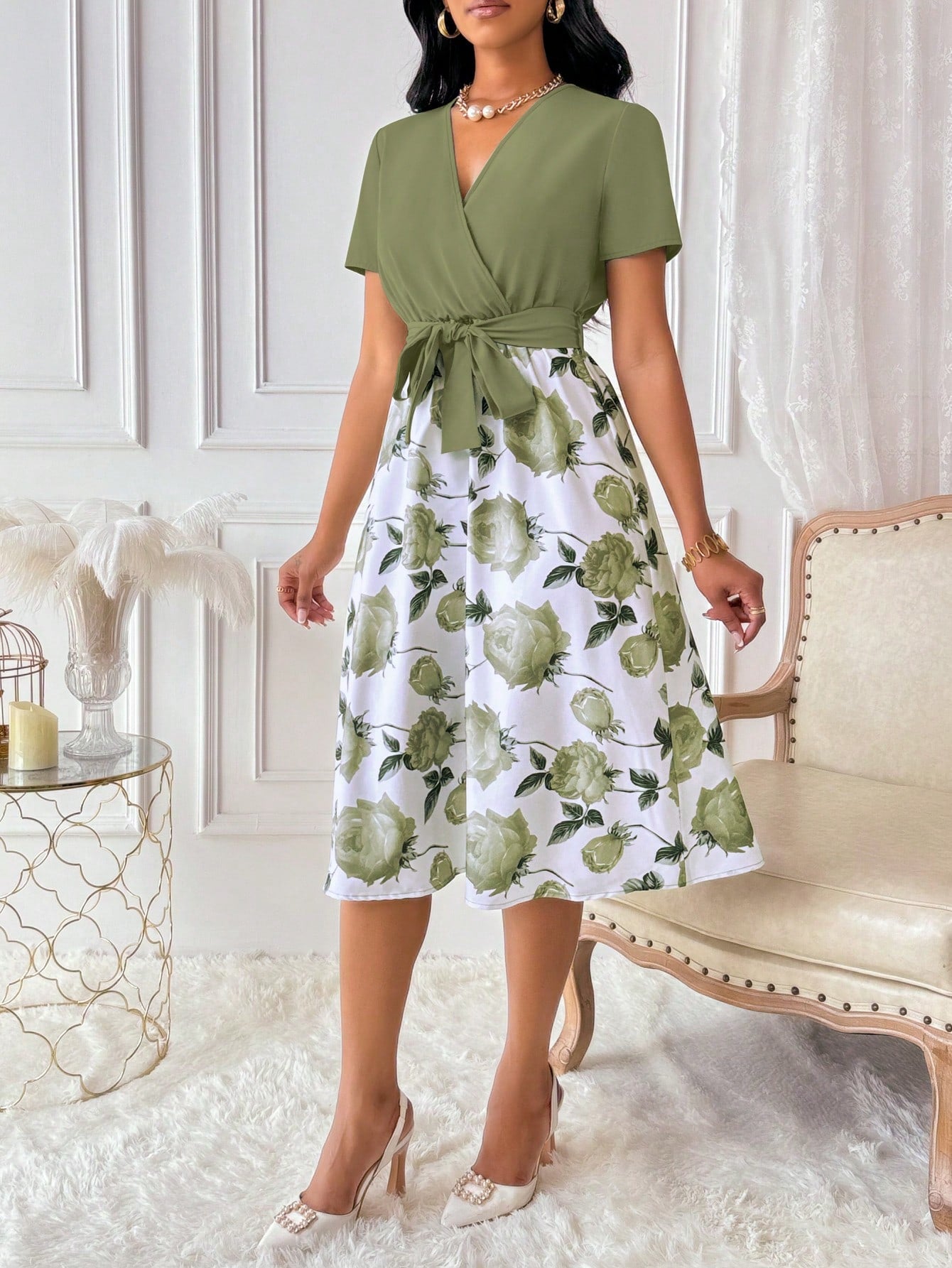 Lyxana Women's Floral Print Overlap V-Neck Short Sleeve Elegant Dress Maxi Women Outfit