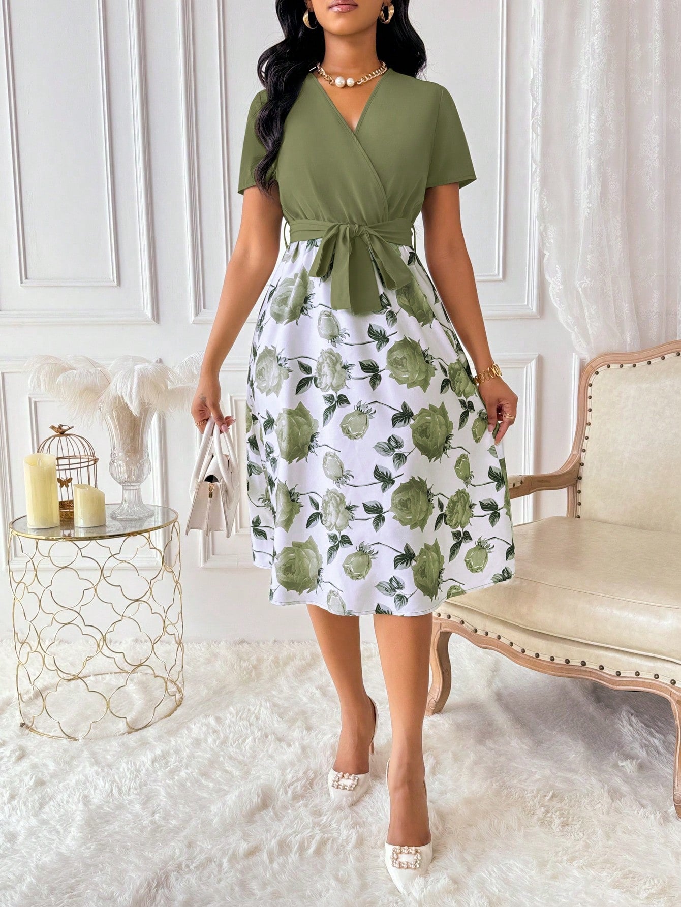 Lyxana Women's Floral Print Overlap V-Neck Short Sleeve Elegant Dress Maxi Women Outfit