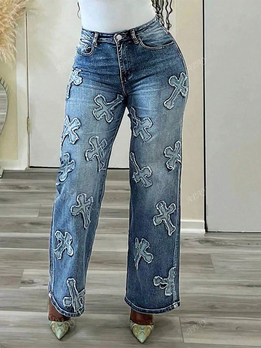Women's Button Decorated Cross Print Casual Straight-Leg Jeans