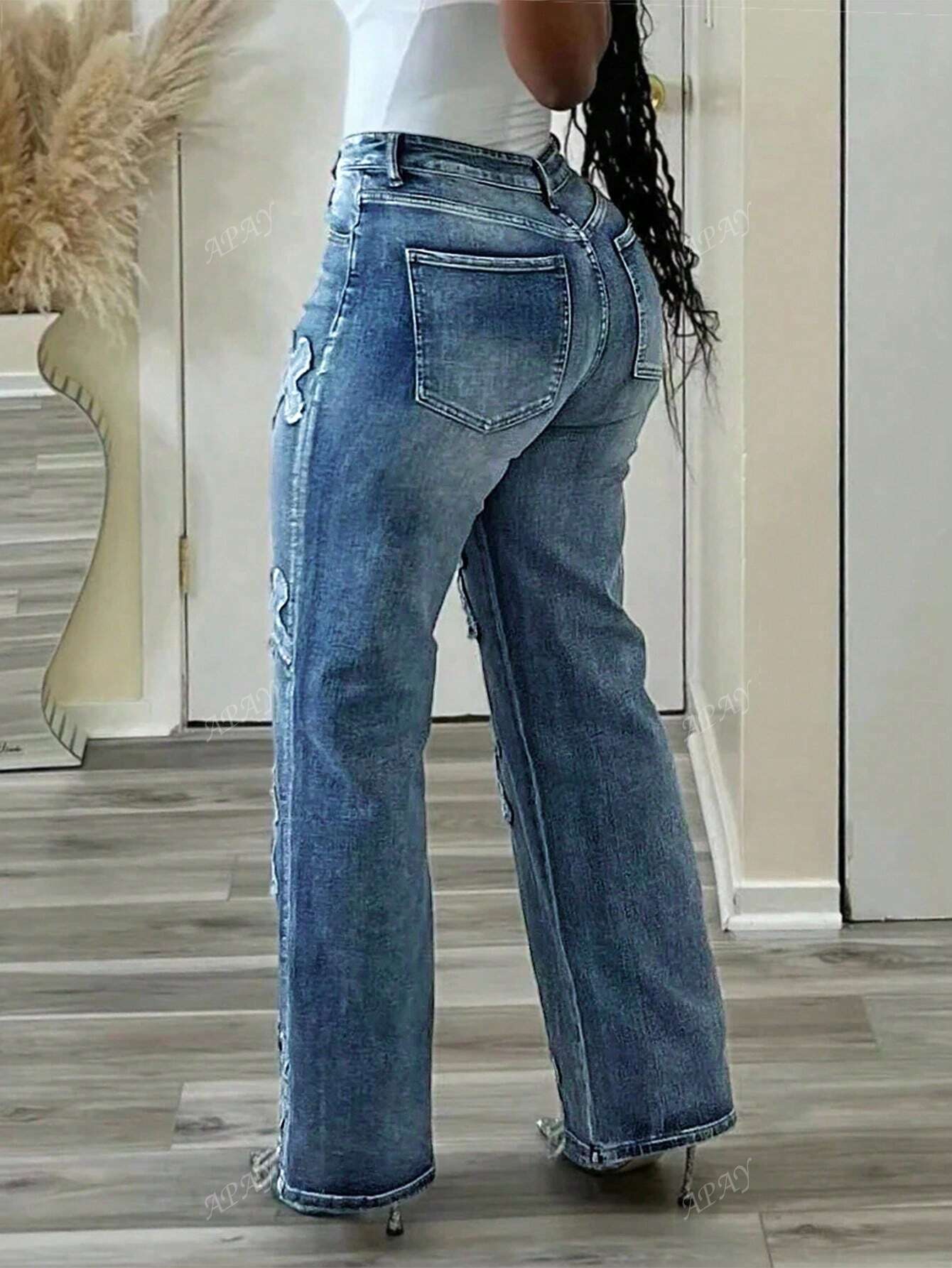 Women's Button Decorated Cross Print Casual Straight-Leg Jeans