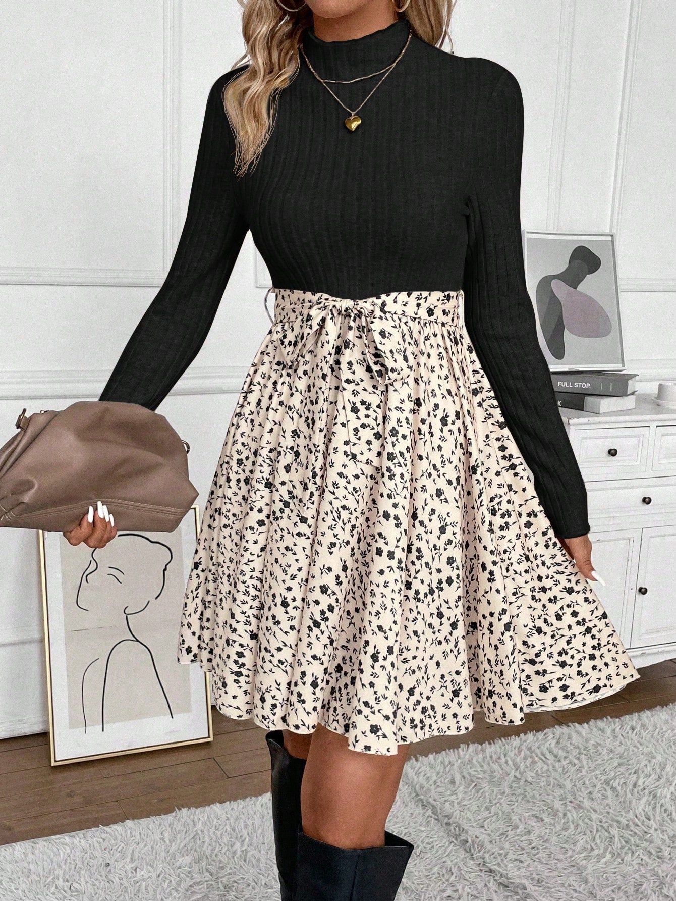 Frenchy Ditsy Floral Print Mock Neck Belted Bottom&Top Two Tone A Line Floral Print Dress