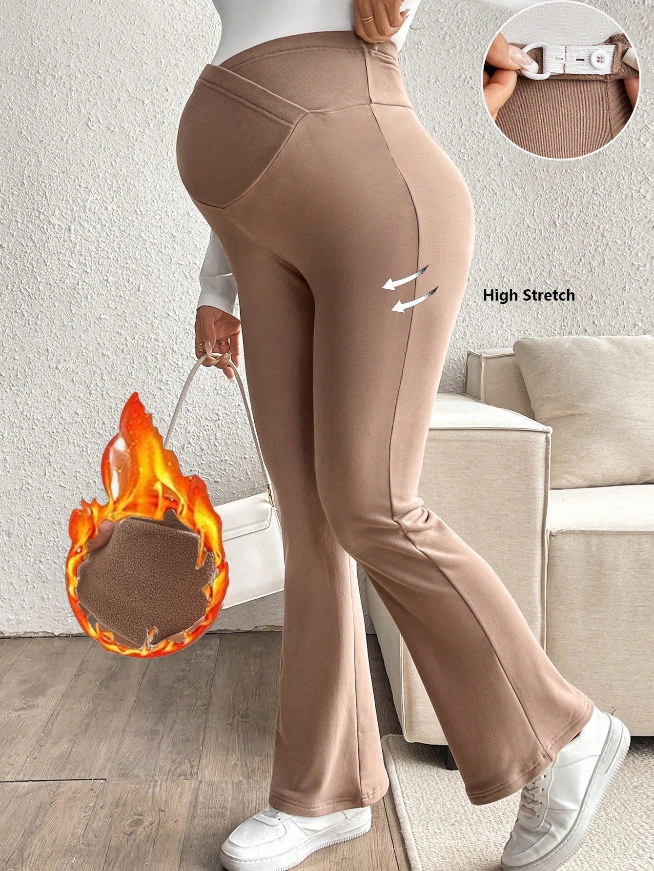 Maternity Solid Color Adjustable Waist Flare Casual Pants With Fleece, For Winter