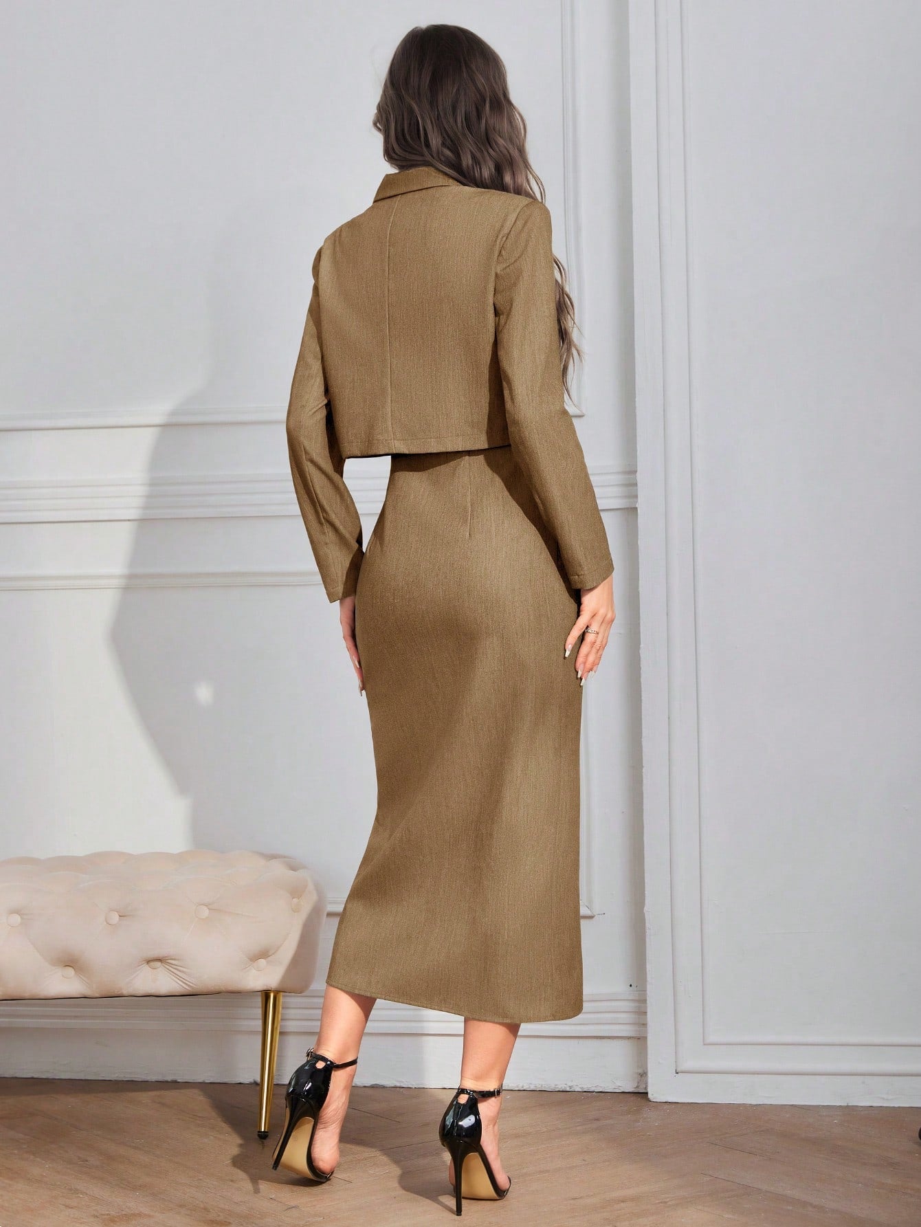 Mulvari Women's Grey Suit Set, Fall, Office Wear, Elegant Style Casual Outfits Cropped Blazer Jacket& Cami Dress, Casual Business Office Set For Business/Work/School/Casual Daily Wear/Evening Or Any Other Formal Occasions