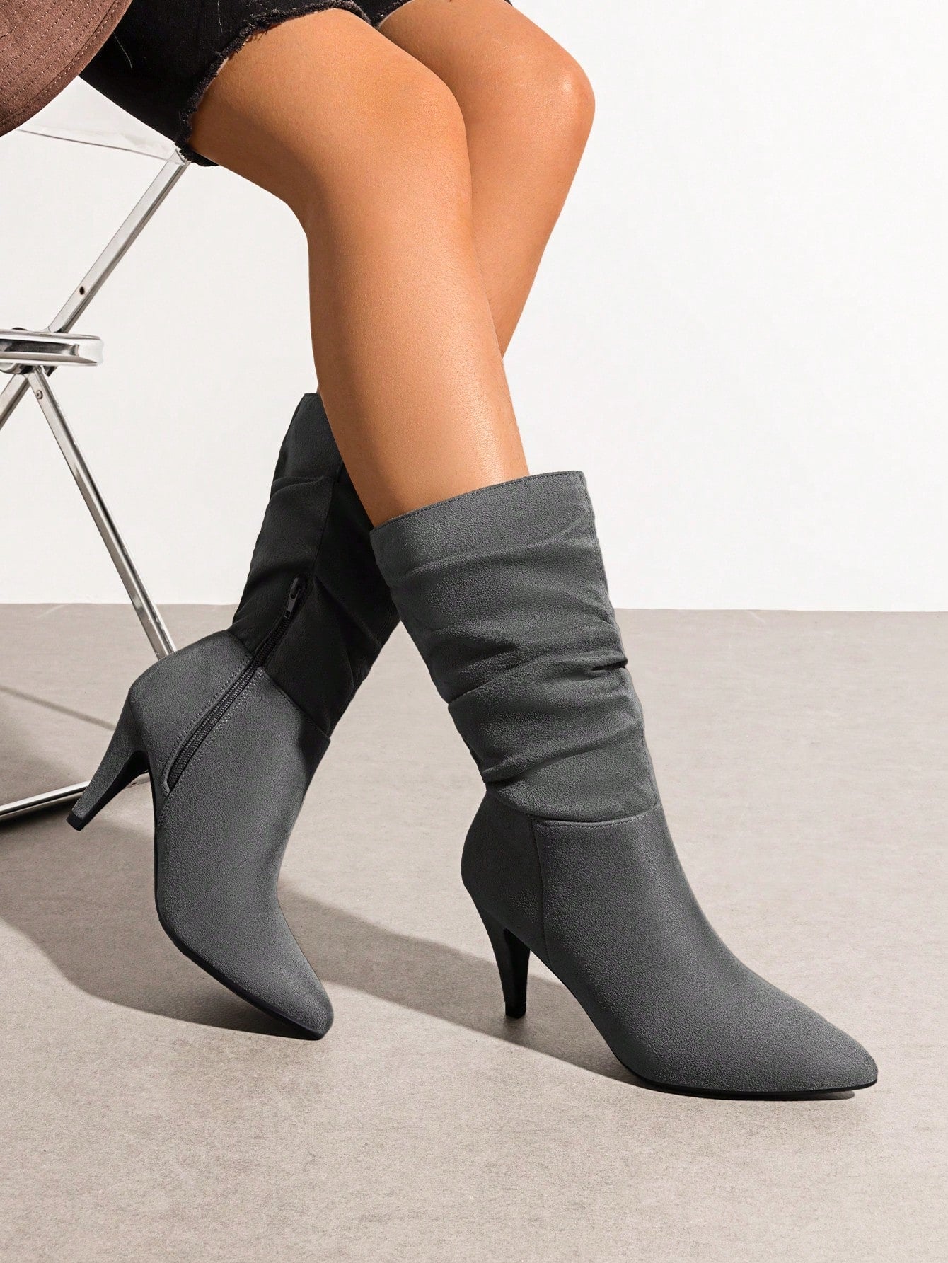 Women's Stiletto High Heel Pointed Toe Suede Mid Calf Boots For Fall/Winter, Classic Slouchy Soft Comfortable Boots