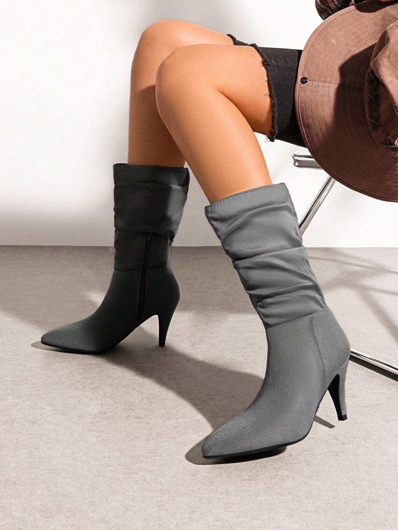 Women's Stiletto High Heel Pointed Toe Suede Mid Calf Boots For Fall/Winter, Classic Slouchy Soft Comfortable Boots