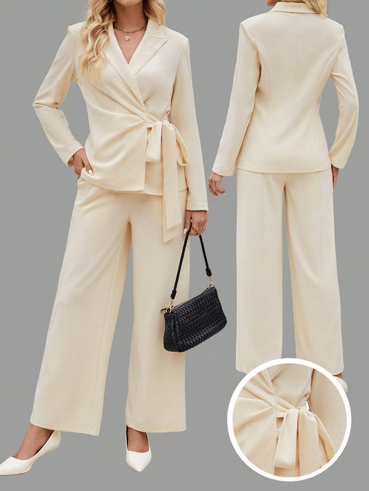 EMERY ROSE Women's Solid Color Tie-Front Long Sleeve Top And Long Pants Casual Suit Set