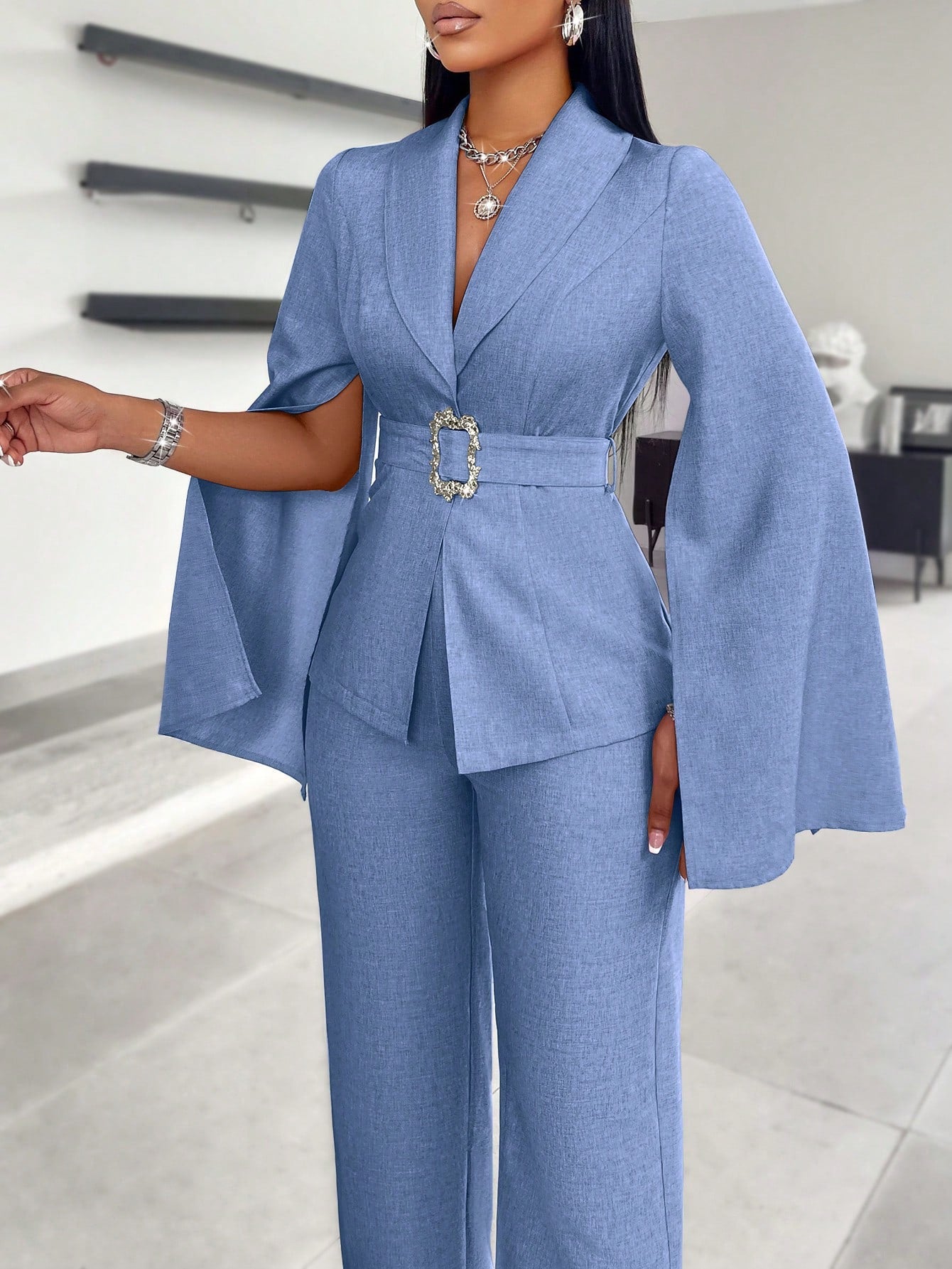 SOLERSUN Glossy Satin Suit Jacket, Women's Suit Set, Business Commuter Suit. Spring And Autumn Season Suits, Autumn And Winter Cape Sleeves, Elegant, Outdoor Clothing