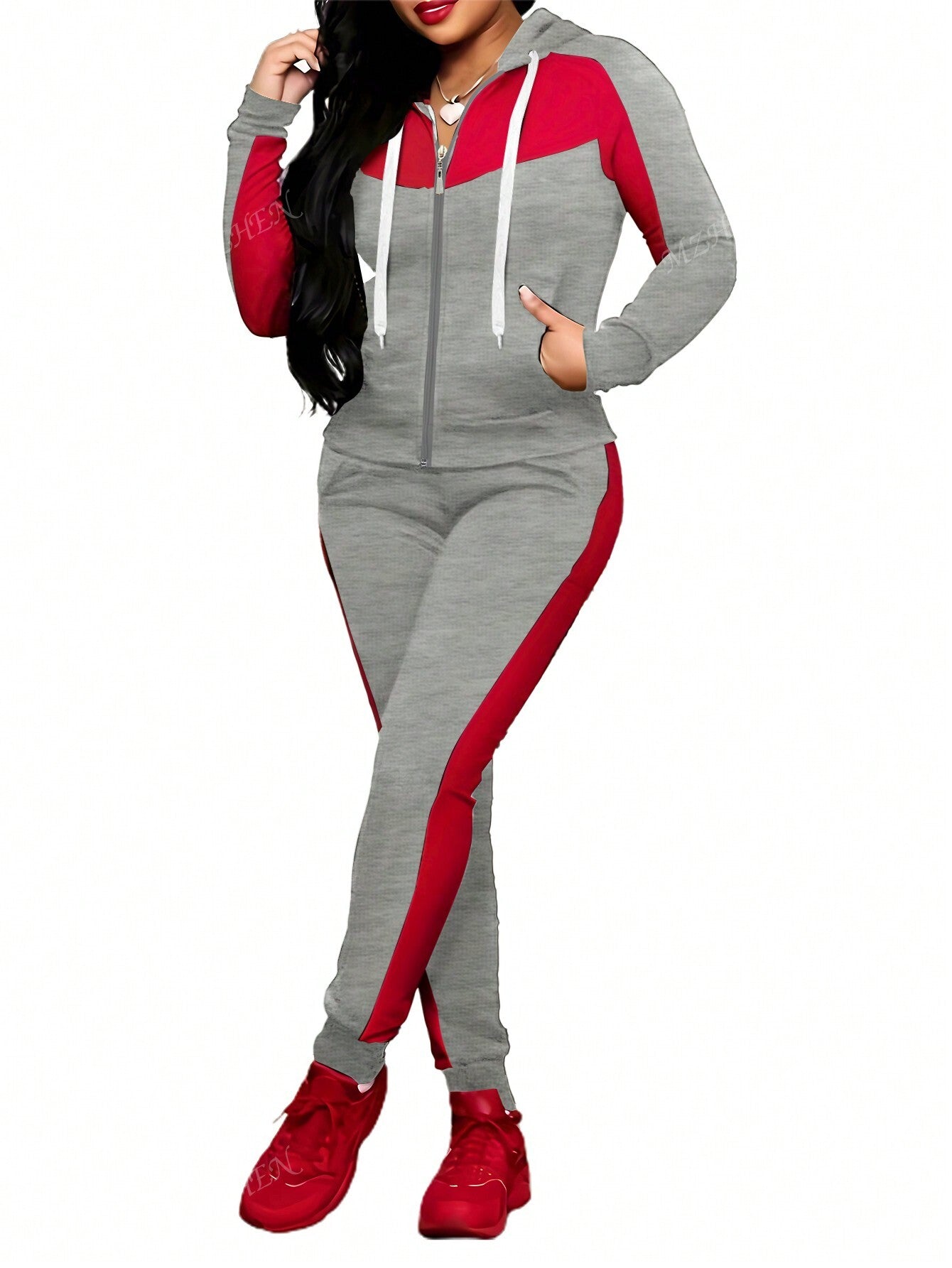 2pcs/Set Women Casual Color Block Hooded Zip-Up Sweatshirt And Pants Athletic Sportswear, Autumn