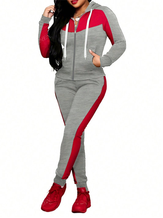 2pcs/Set Women Casual Color Block Hooded Zip-Up Sweatshirt And Pants Athletic Sportswear, Autumn