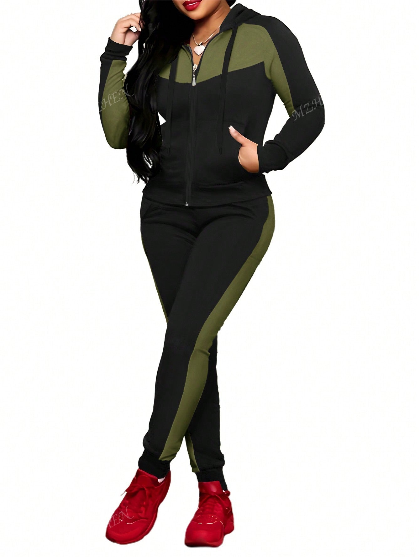 2pcs/Set Women Casual Color Block Hooded Zip-Up Sweatshirt And Pants Athletic Sportswear, Autumn