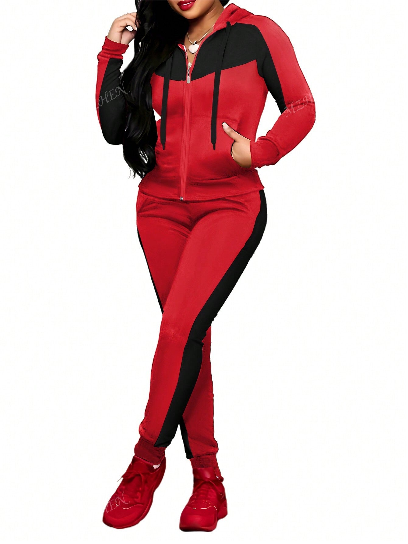 2pcs/Set Women Casual Color Block Hooded Zip-Up Sweatshirt And Pants Athletic Sportswear, Autumn