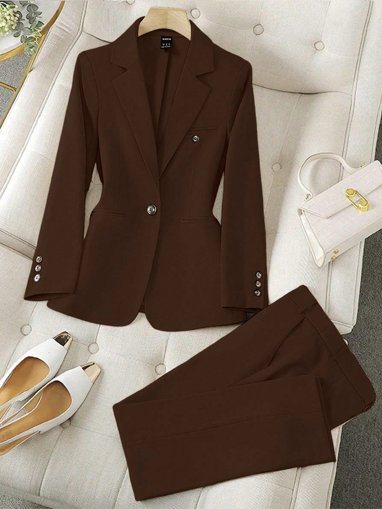 LUNE Solid Color Single-Breasted Long Sleeve Suit Jacket And Pants, Elegant Suit Set